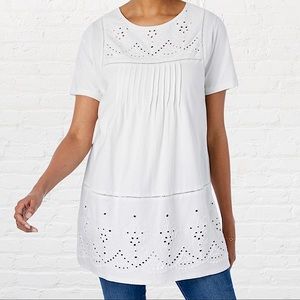 WHITE EMBROIDERED EYELET PINTUCKED TUNIC